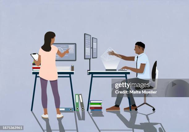 business people working with virtual reality and computers at desks in office - colleague stock illustrations