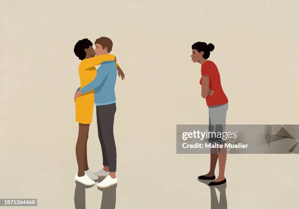 angry, jealous woman watching couple hugging and kissing - exclusion stock illustrations
