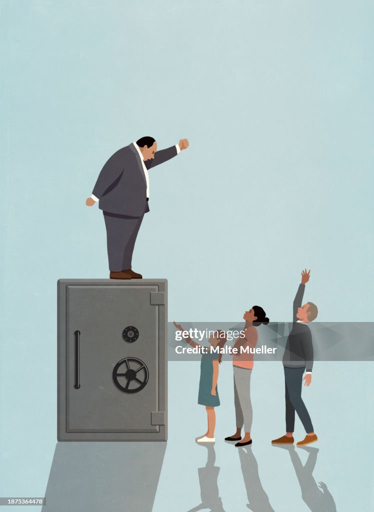 Large man standing on top of vault, looming over people with arms outstretched