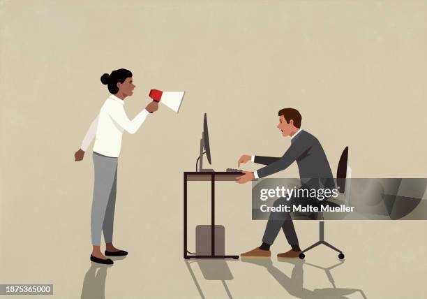 ilustrações de stock, clip art, desenhos animados e ícones de businesswoman with bullhorn yelling at businessman working at computer in office - business woman desk stand