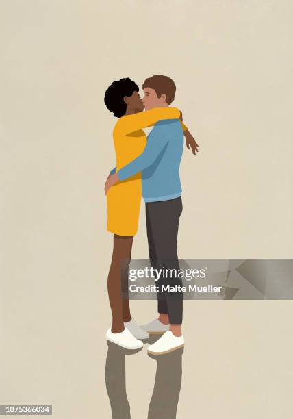 affectionate couple hugging and kissing - fond stock illustrations