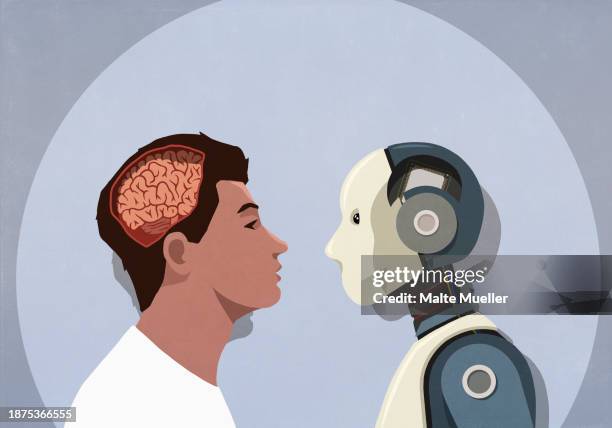 robot and man with exposed brain face to face in spotlight, human vs artificial intelligence - human brain stock illustrations