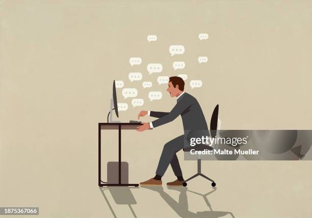ilustraciones, imágenes clip art, dibujos animados e iconos de stock de overwhelmed businessman communicating online at computer - decoración objeto