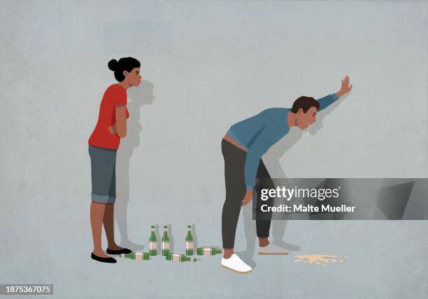 frustrated wife watching drunk husband vomiting - displeased stock illustrations