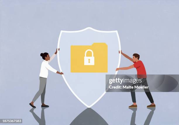 stockillustraties, clipart, cartoons en iconen met couple placing shield over padlocked digital file folder - fraude