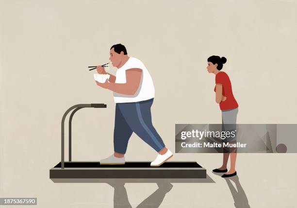 frustrated wife watching overweight husband eating on treadmill - irritation stock illustrations