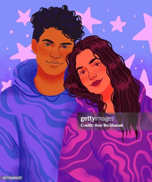 portrait confident young couple - selbstvertrauen stock-grafiken, -clipart, -cartoons und -symbole