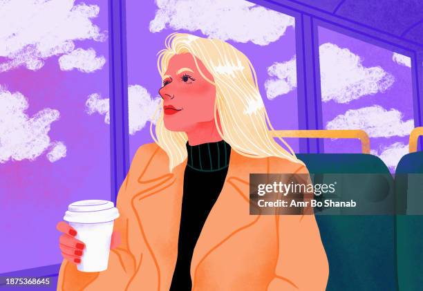 blonde businesswoman drinking coffee and commuting, riding bus and looking out window - platinum stock illustrations