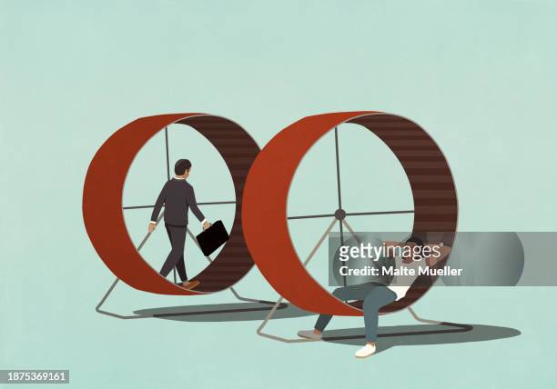 businessman walking on hamster wheel next to man relaxing in hamster wheel - futility stock illustrations