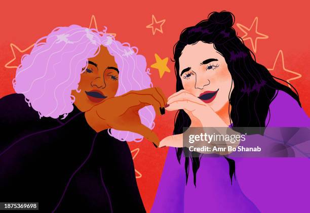 ilustrações, clipart, desenhos animados e ícones de happy women friends forming heart-shape with hands - lésbica