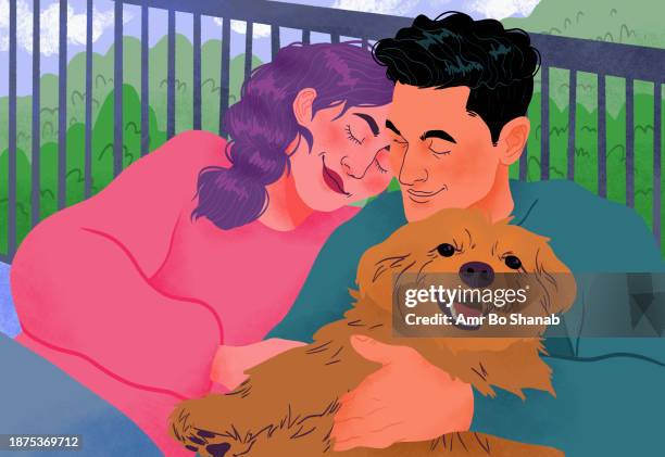 happy, affectionate couple cuddling with dog on balcony - love home illustration stock illustrations