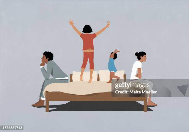 kids playing, jumping on bed between frustrated parents sitting back to back - mother daughter play bed stock illustrations