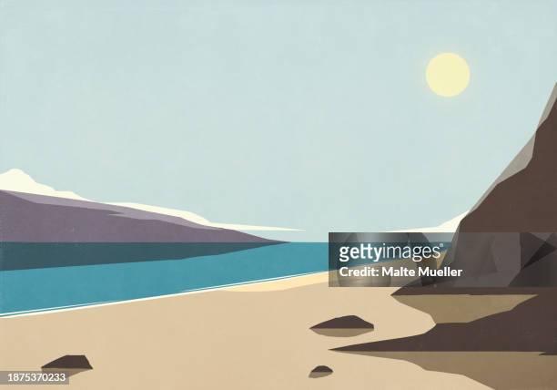 sun in sky over tranquil, remote river - clear water stock illustrations