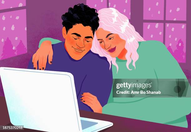 happy, affectionate couple using laptop and hugging at home - fond stock illustrations