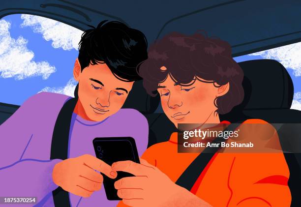 tween brothers using smart phone together in back seat of car - back seat stock illustrations