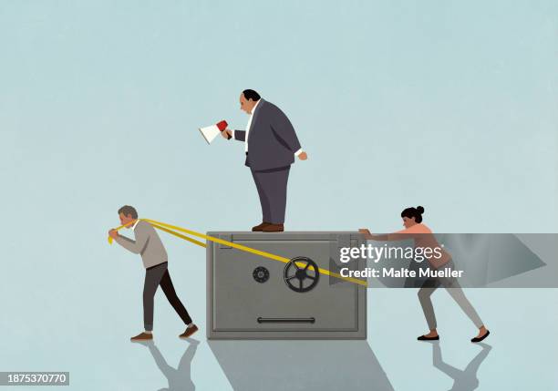 boss with bullhorn yelling at business people dragging and pushing vault - husband stock illustrations