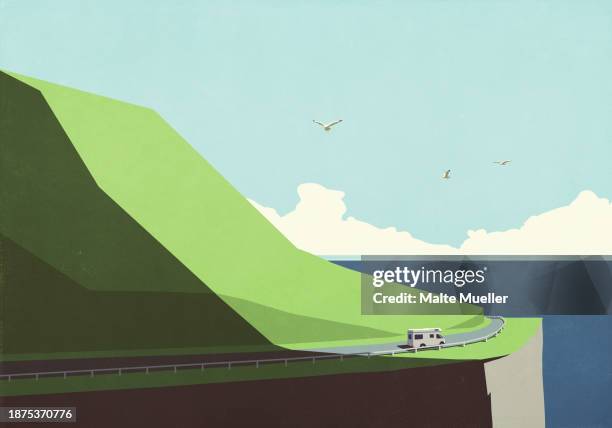 camper van driving along windy cliff road above ocean coast - road trip illustration stock illustrations