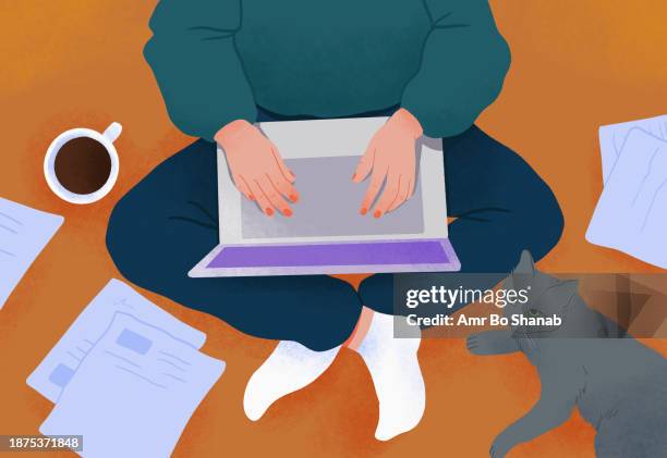 ilustraciones, imágenes clip art, dibujos animados e iconos de stock de view from above woman with cat using laptop on floor with coffee and paperwork - finanzas domésticas