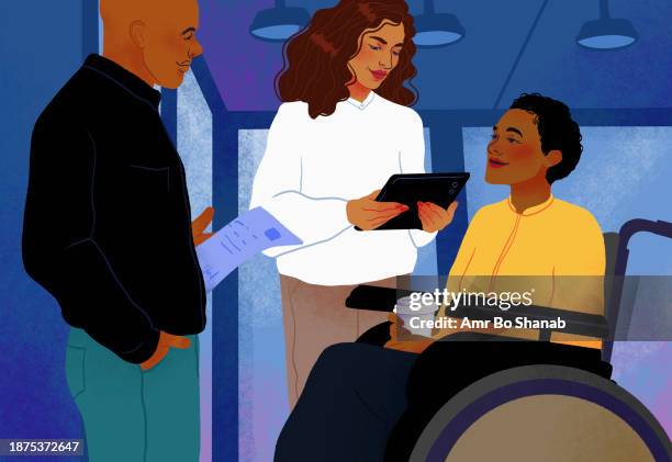 businesswoman in wheelchair talking with colleagues in office - digital touch stock illustrations