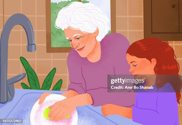 stockillustraties, clipart, cartoons en iconen met grandmother and granddaughter doing dishes together at kitchen sink - familie met meerdere generaties