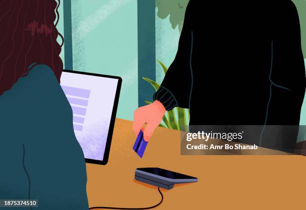 man paying with credit card at retail shop - unrecognizable person stock illustrations