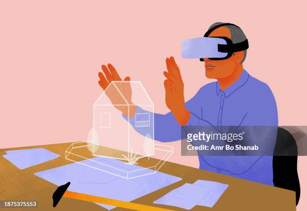 male architect in vr headset designing 3d house blueprints - architectural model stock illustrations