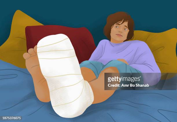 girl with foot cast recovering, resting in bed - bandage stock illustrations