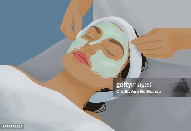 serene woman receiving facial treatment in spa - posh stock illustrations