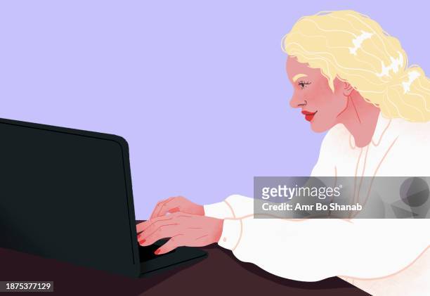 businesswoman working at laptop - platinum stock illustrations