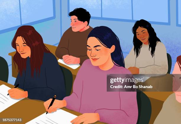 ilustrações de stock, clip art, desenhos animados e ícones de college students taking exam in classroom - jovens estudando