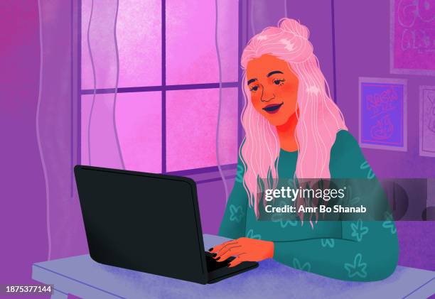 ilustrações de stock, clip art, desenhos animados e ícones de smiling teenage girl using laptop in bedroom at home - jovens estudando