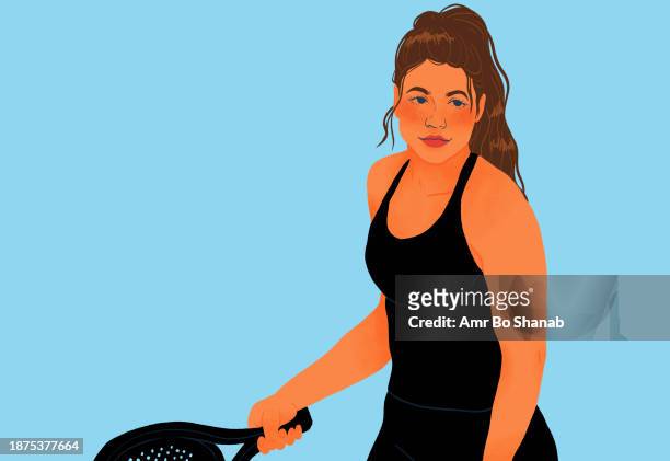 young woman playing tennis on blue background - sports stock illustrations