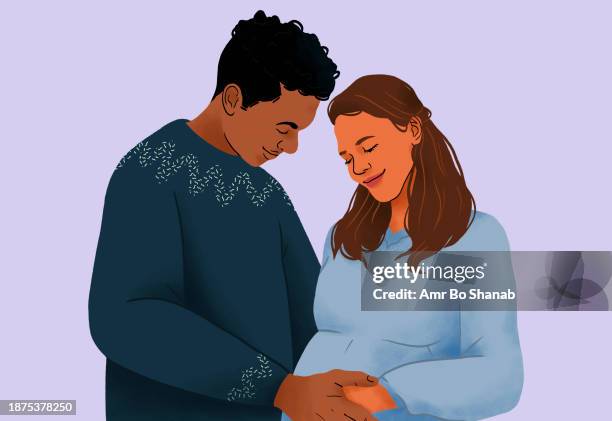 affectionate, serene pregnant multiracial couple embracing - hands on stomach stock illustrations