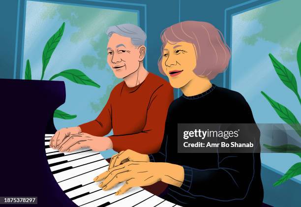 happy senior couple playing piano together at home - senior men stock illustrations