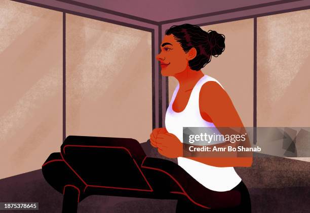 smiling woman exercising on treadmill by windows - treadmill stock illustrations