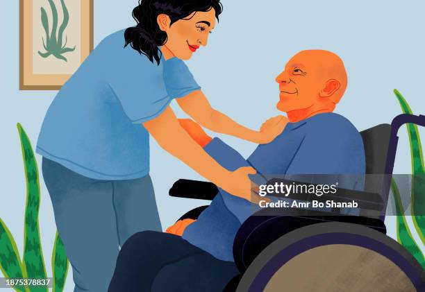 happy, friendly home nurse helping senior man in wheelchair - family house stock illustrations