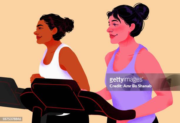 smiling women exercising on treadmills in gym - hair bun stock illustrations