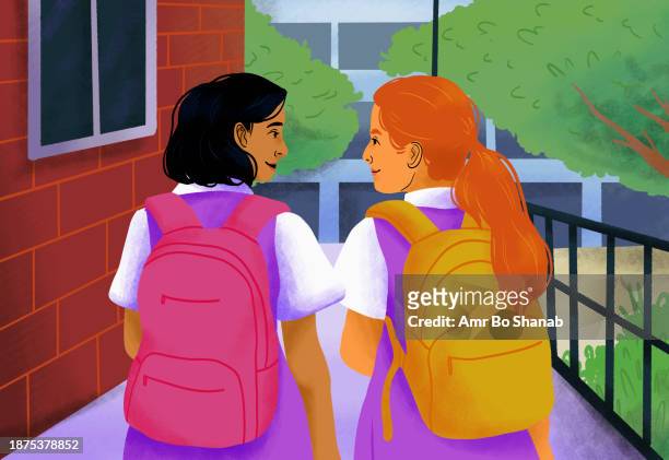 tween girl friends in school uniforms with backpacks walking outside school - arrivals stock illustrations