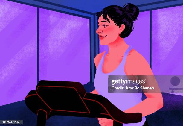 smiling woman exercising on treadmill in gym - hair bun stock illustrations