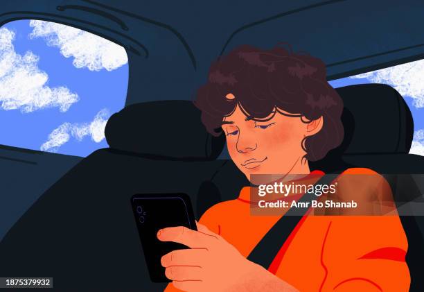 boy with smart phone riding in back seat of car - back seat stock illustrations