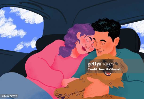 happy, affectionate couple cuddling with dog in back seat of crowdsourced taxi - back seat stock illustrations
