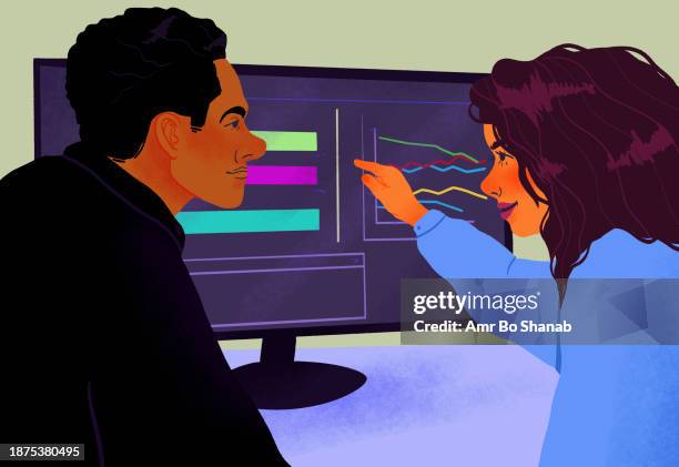 business people discussing data on computer screen in meeting - explain computer stock illustrations
