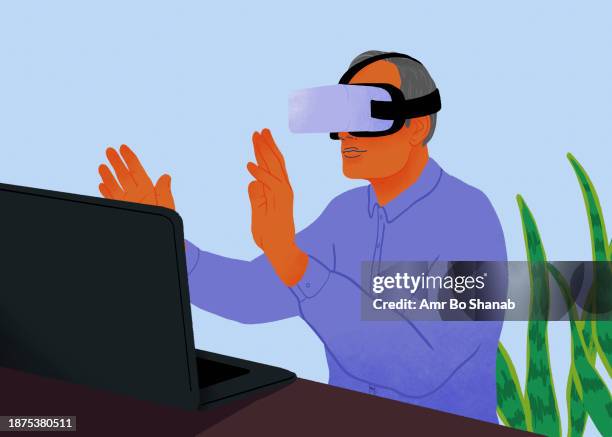 senior man using vr headset at laptop - senior men stock illustrations