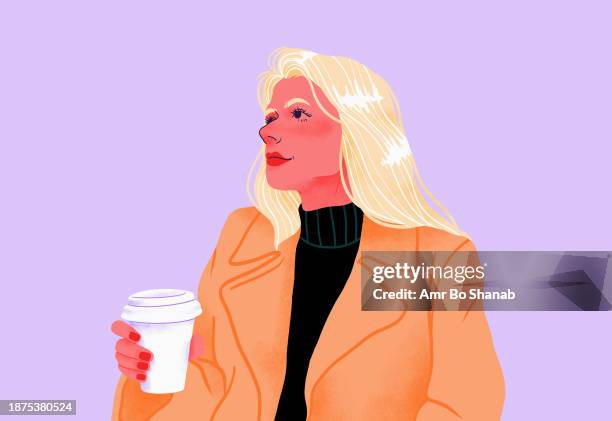 businesswoman drinking coffee on purple background - platinum stock illustrations