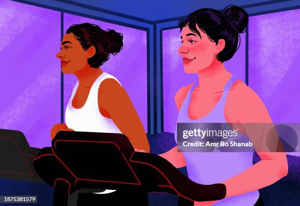 smiling women exercising on treadmills at gym - treadmill stock illustrations