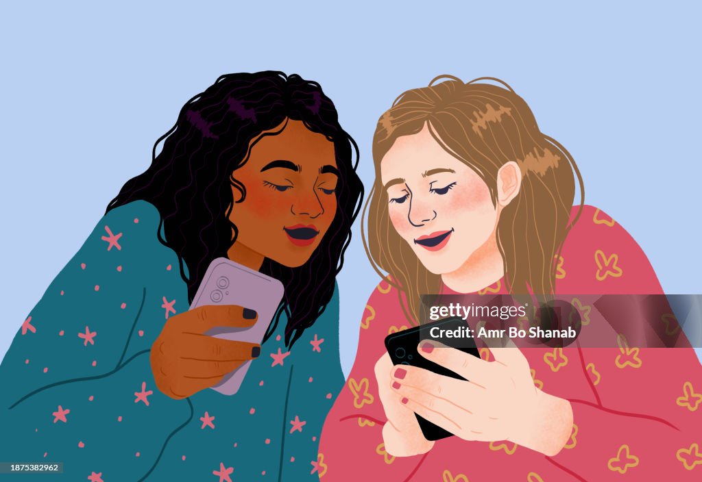 Friends Talking Using Phones Teenage Girl Friends Using Smart Phones Texting And Talking High-Res ...