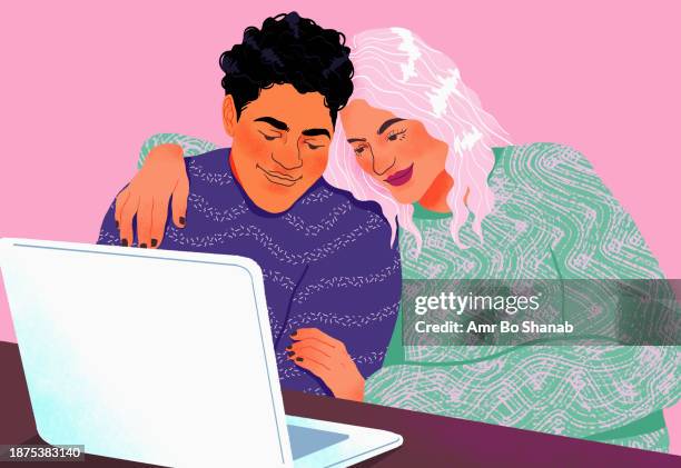 happy, affectionate couple using laptop together - couple laptop stock illustrations