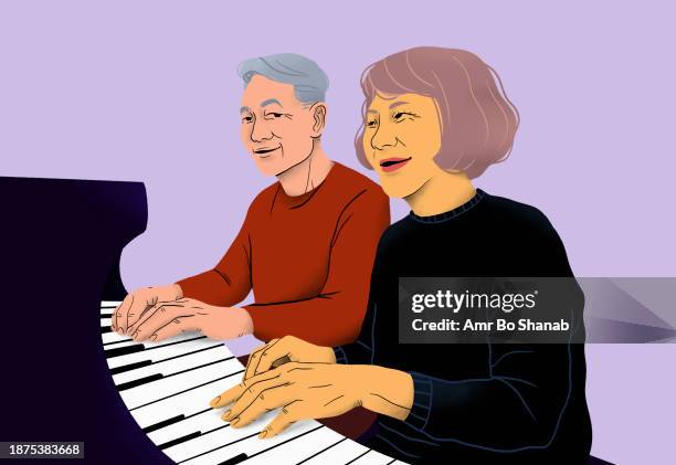 happy senior couple playing piano together - active seniors stock illustrations