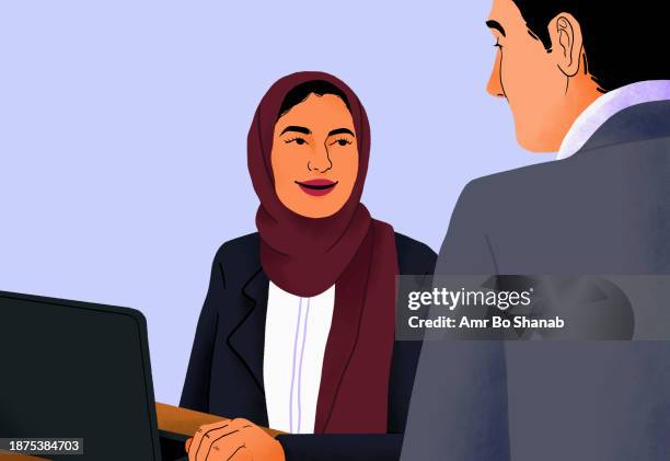 businesswoman in hijab working at laptop, talking with businessman in meeting - listening stock illustrations