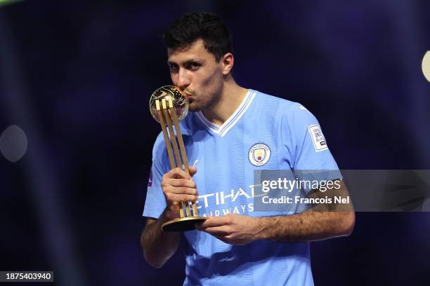 Rodri of Manchester City kisses the Golden Ball award following the FIFA Club World Cup Saudi Arabia 2023 Final between Manchester City and...